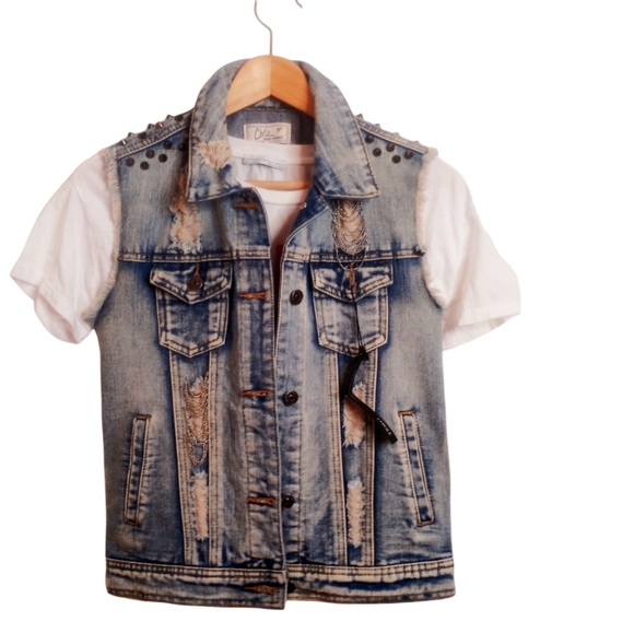 80's Vintage Metallic Stud Denim Architect Vest Cropped Distressed Stone Wash - Picture 7 of 15